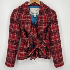 Tabitha Blazer Jacket Women's 6 Red Plaid Print Tweed Wool Blend Anthropologie